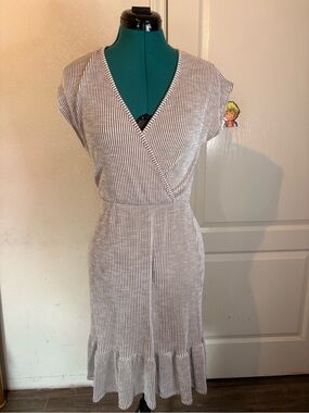 Caution To The Wind Beige Striped Wrap-Style Midi Dress